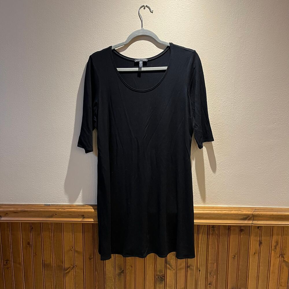 Eileen Fisher Stretch Jersey Knit 3/4 Sleeve Dress Sz L Black Scoop Neck Basic